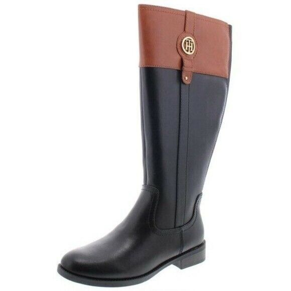 Tommy Hilfiger Black Brown Two Tone Imina Faux Leather Riding Boots 6M NWT - Picture 1 of 7